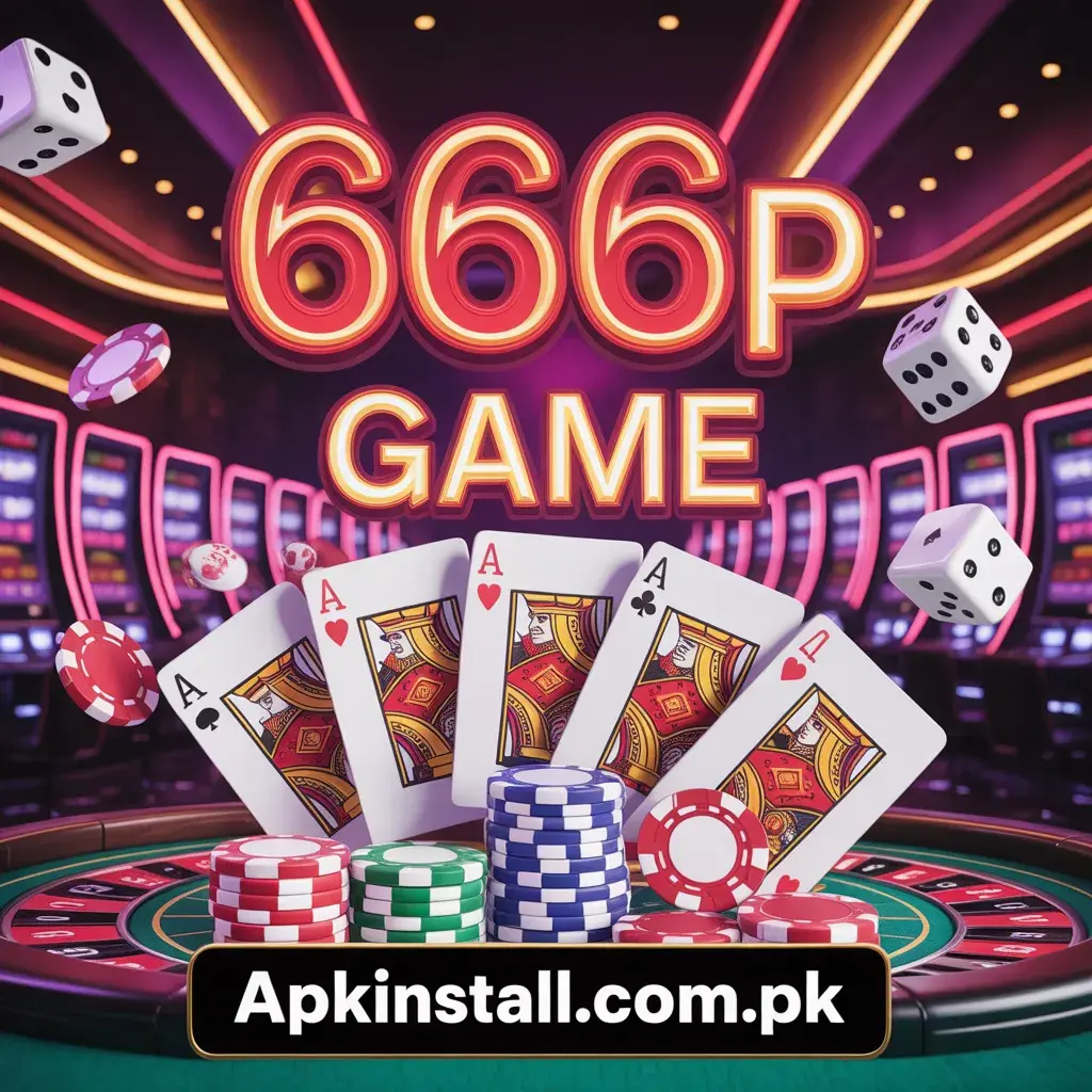 A vibrant casino-themed graphic for 666P Game featuring a roulette table, red and black chips, and the website apkinstall.com.pk.