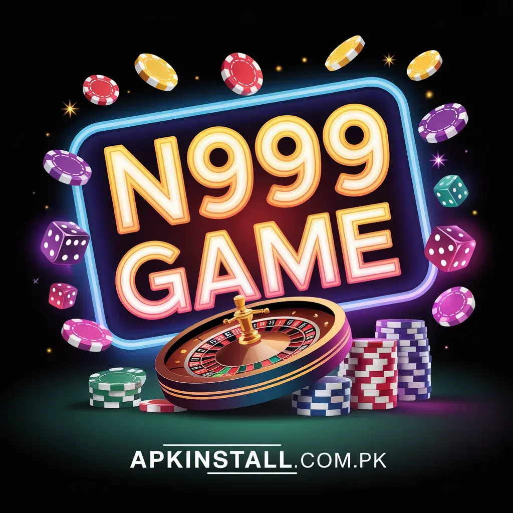N999 Game logo in glowing neon letters surrounded by floating casino chips, purple dice, and a roulette wheel on a black background, featuring APKInstall.com.pk.