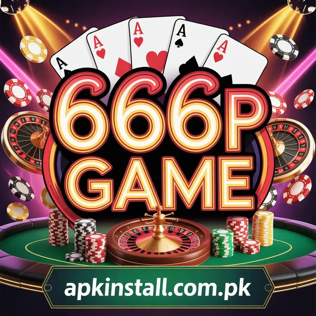 Promotional banner for 666P Game featuring a roulette wheel, casino chips, and four aces, with a link to apkinstall.com.pk for the APK download.