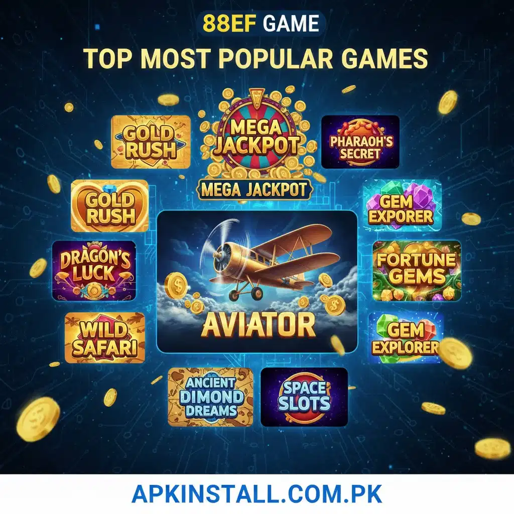 88EF Game top popular games list including Aviator shown on APKINSTALL.COM.PK