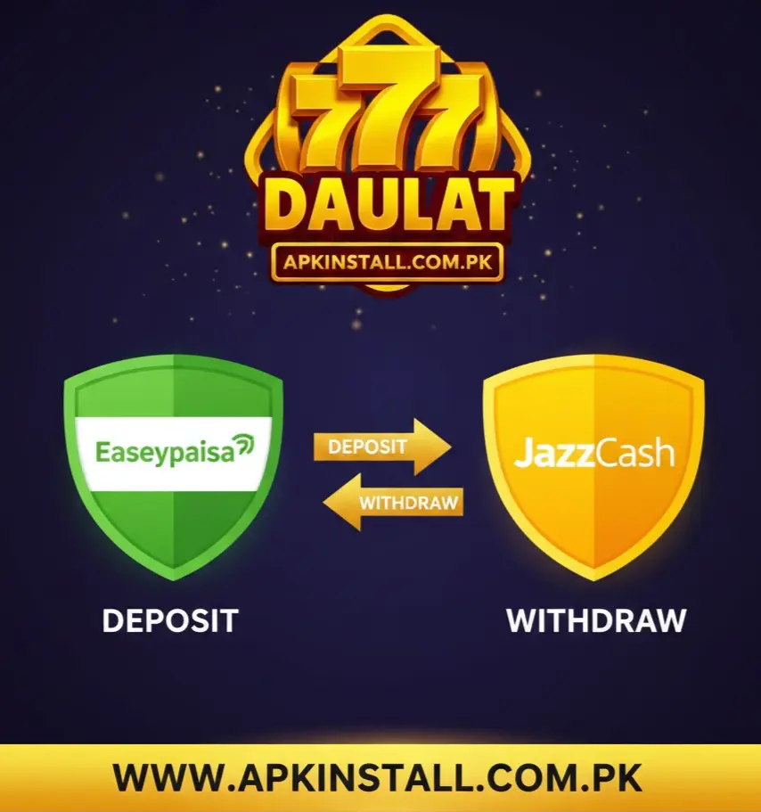777 Daulat Game APK logo with EasyPaisa and JazzCash deposit and withdrawal options on APKINSTALL.COM.PK.