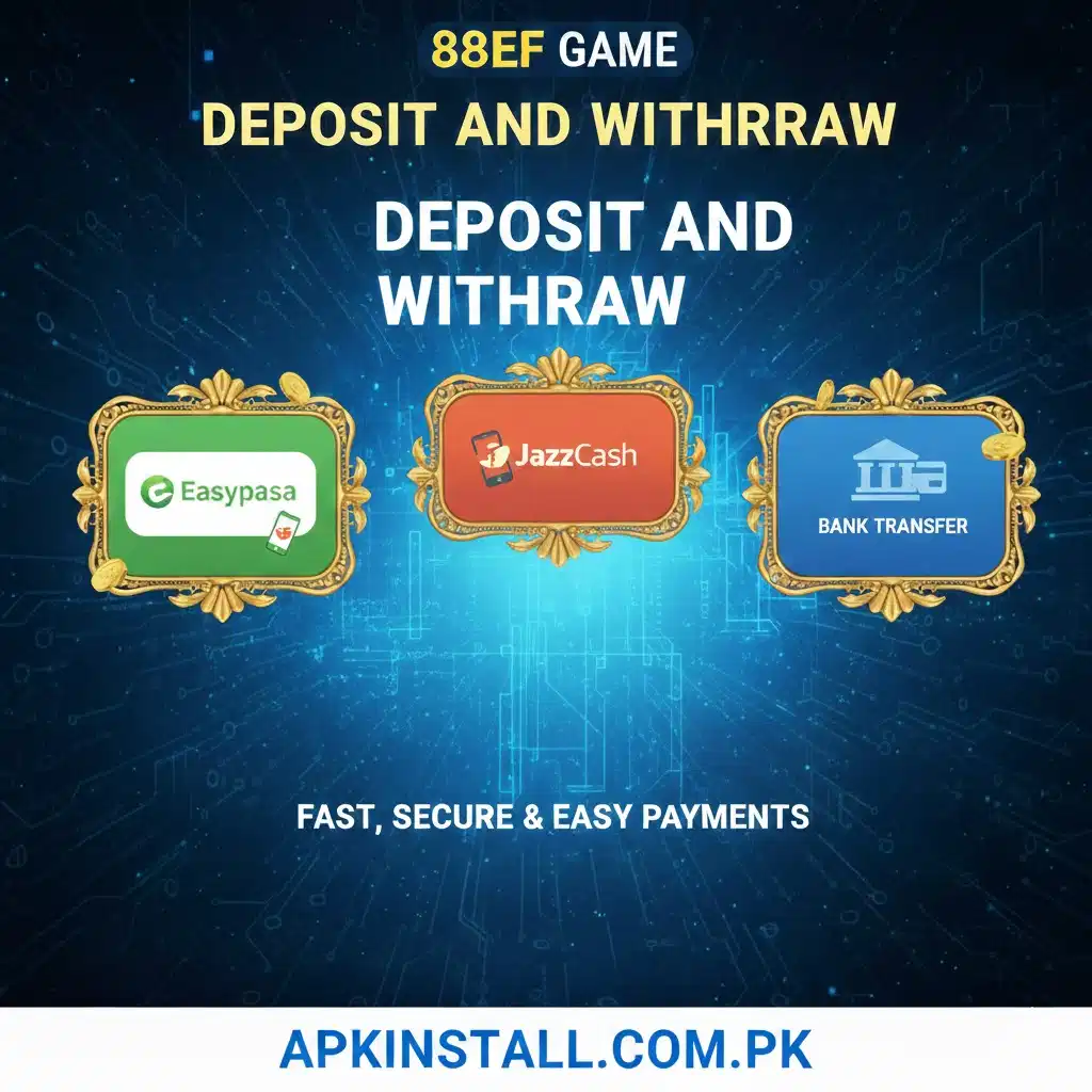 88EF Game payment methods including Easypaisa, JazzCash, and bank transfer on APKINSTALL.COM.PK