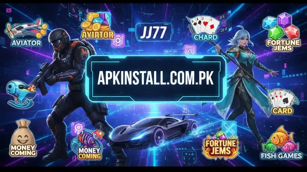jj77 game Android casino banner showing multiple games on apkinstall.com.pk