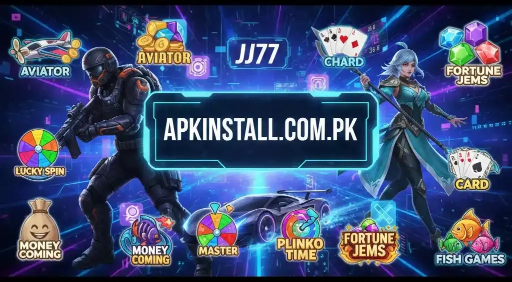 jj77 game banner showing multiple Android casino games on apkinstall.com.pk