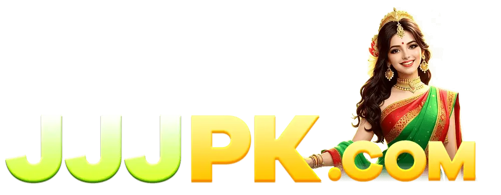 3D gold and green JJJPK Game logo featuring a woman in traditional South Asian attire on a white background.