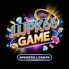 JJJPK66 Game logo with neon blue and gold 3D text, surrounded by casino elements like poker chips, diamonds, and a gold ring on a black background.