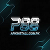 Official P88 Game branding showing the gold luxury logo with casino motifs and the blue cyber-style logo for apkinstall.com.pk.