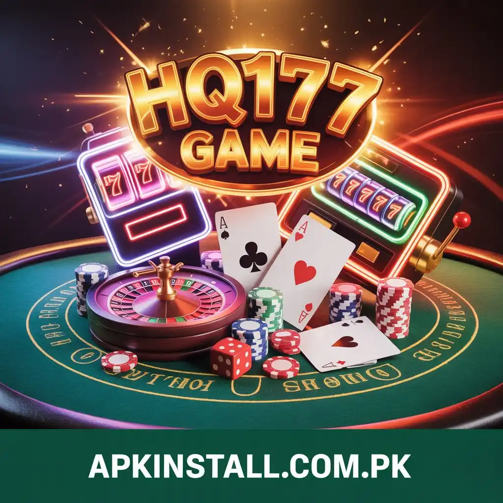 Premium HQ 177 Game logo in 3D gold text over a casino table featuring a roulette wheel, stacks of chips, red dice, and neon slot machines.