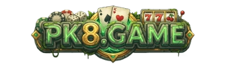 PK8 GAME horizontal banner logo with 777 slot machine, playing cards, poker chips, and dice in a jungle stone style.