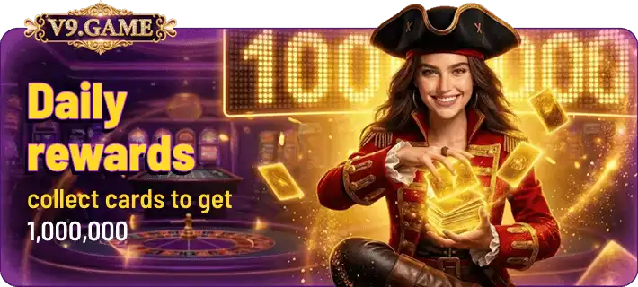 V9 GAME promotion banner featuring a female pirate dealer with glowing golden cards and a daily rewards offer of 1,000,000.