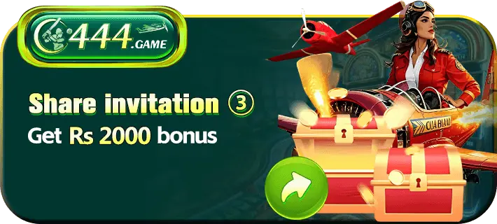C444 Game promotion banner showing a female pilot, a red vintage airplane, and treasure chests filled with coins, offering a Rs 2000 invitation bonus.