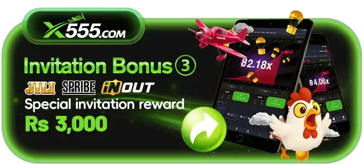 X555 game promotional banner showing an invitation bonus of Rs 3,000 with branding for JILI, Spribe, and InOut games on a mobile interface.