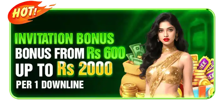 A green promotional banner for the BET877 Game showing an invitation bonus of Rs 600 up to Rs 2,000 per downline referral, featuring a woman in gold attire with gold coins.