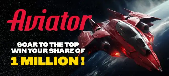 A sleek red futuristic spacecraft soaring through outer space with the bold text "Aviator: Soar to the Top Win Your Share of 1 Million!"