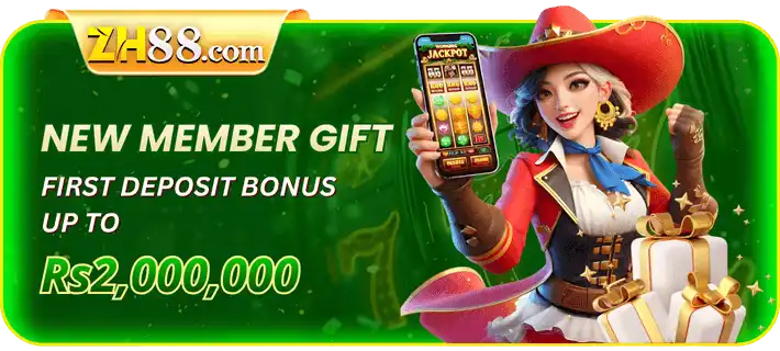 Promotional banner for ZH88 GAME featuring a cowboy-themed female character holding a smartphone with a jackpot display. The text highlights a new member gift and first deposit bonus of up to Rs 2,000,000 on a vibrant green background.