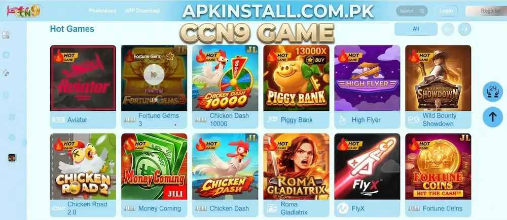 Website interface for CCN9 GAME on apkinstall.com.pk showing a grid of mobile games including Aviator, Chicken Dash, and Piggy Bank.