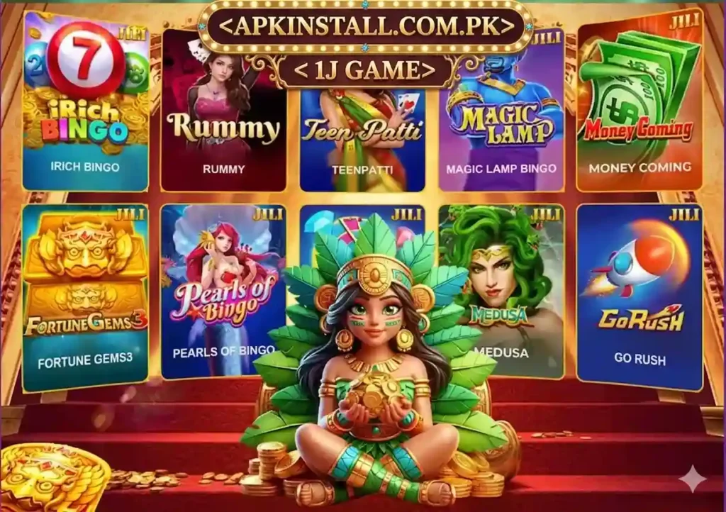 A collection of JILI game icons including iRich Bingo, Rummy, Teen Patti, Magic Lamp, Fortune Gems 3, and Medusa on a red stage background.