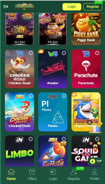 Mobile interface of PK8 Game featuring JILI Slots, PG Soft Tiger, and Limbo arcade games.