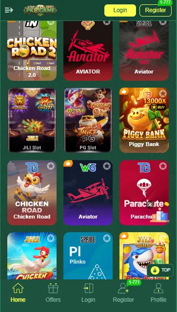PK8 GAME mobile app interface displaying popular games like Aviator, Chicken Road, Plinko, and JILI Slots
