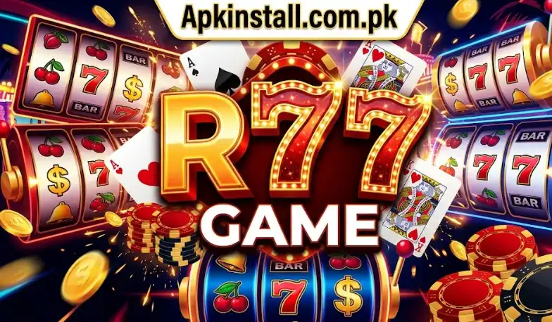 R777 GAME official neon logo featuring slot machines, playing cards, dice, and the apkinstall download link.