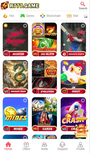 R777 GAME mobile app lobby featuring Aviator, JILI Slots, Dragon Tiger, and Mines games with categories for Blockchain and Slots.