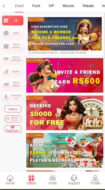 R777 GAME mobile app interface showing current events including cash redemption codes, invite-a-friend bonuses for RS600, and agent recharge commissions.