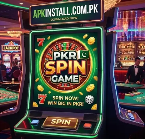 A digital slot machine displaying PKR Spin Game with a Pakistan flag and an "APKINSTALL.COM.PK" banner for app download.