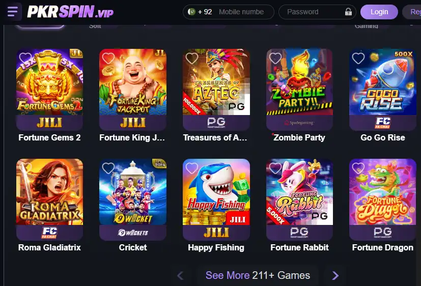 PKRSpin Game interface showing diverse gaming categories including PG Soft slots like Fortune Rabbit, treasures of Aztec, and 9Wickets Cricket betting.