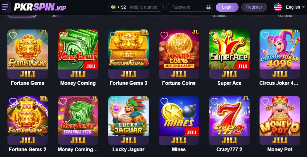Dashboard of PKR Spin Game featuring various JILI slot games including Fortune Gems, Money Coming, and Super Ace with a login interface.