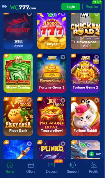 Screenshot of the WC777 game app interface showing a grid of online games including Aviator, Crazy 777, Chicken Road 2, Money Coming, and Fortune Rabbit with Login and Register buttons.