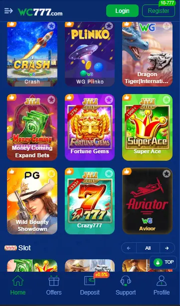 Interface of WC777 app displaying slot and crash games like Plinko, Dragon Tiger, Super Ace, and Wild Bounty Showdown.