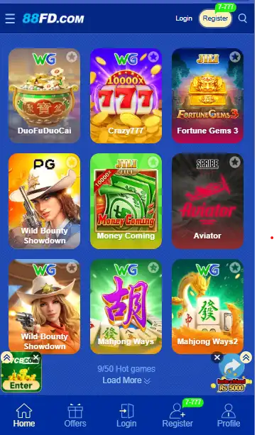 88FD Game mobile app dashboard showing popular games like Aviator, Fortune Gems 3, and Crazy 777.
