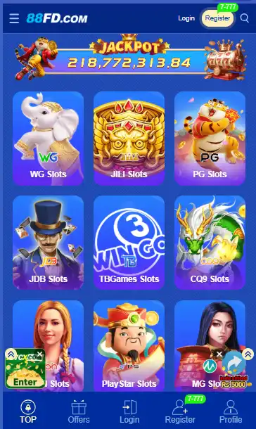 88FD Game dashboard showing a live jackpot of over 218 million and JILI, PG, and JDB slots.