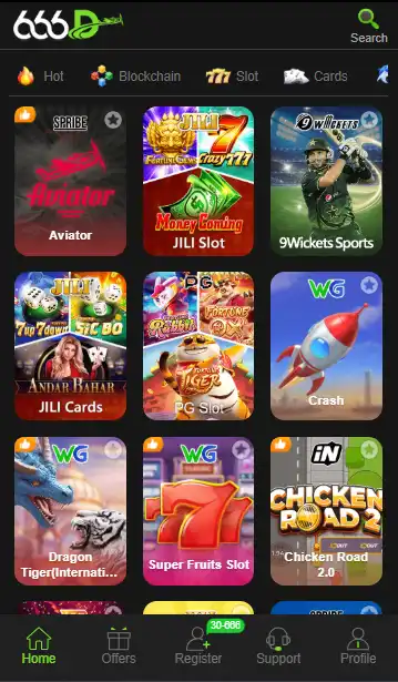 Main home screen of 666D Game featuring "Hot" titles like Aviator, 9Wickets Sports, and Dragon Tiger.