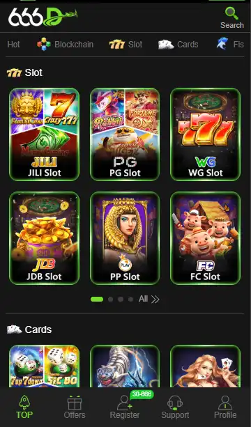 The main dashboard of 666D Game displaying various slot categories like JILI, PG, and PP Slot.