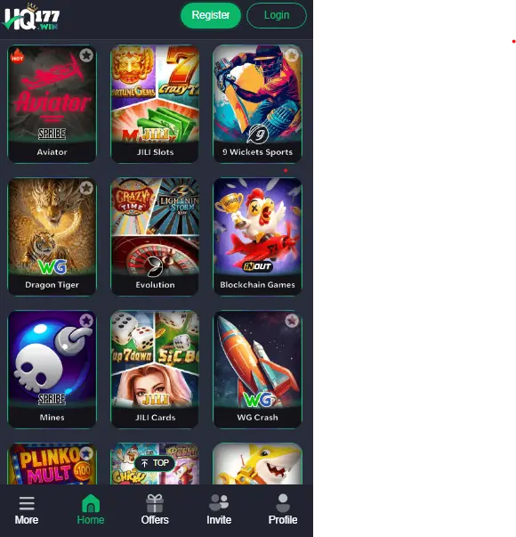Mobile app interface for HQ177 showing a grid of game categories like Aviator, Dragon Tiger, and Blockchain Games with "Register" and "Login" buttons at the top.