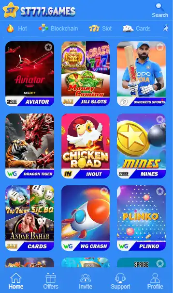 ST777 GAME mobile application dashboard showing Aviator, Jili Slots, and sports betting options on apkinstall.com.pk.