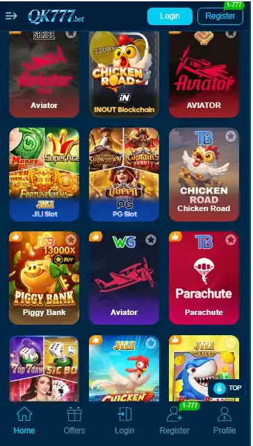 QK777 Game app interface showing popular titles like Aviator, Chicken Road, Piggy Bank, and Parachute slots.