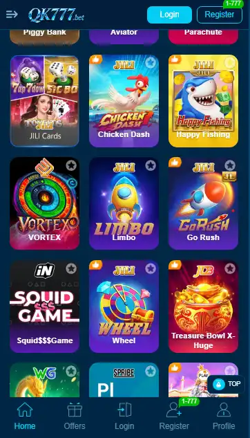 QK 777 Game lobby featuring popular mobile games including Chicken Dash, Happy Fishing, Limbo, and Squid Game slots.