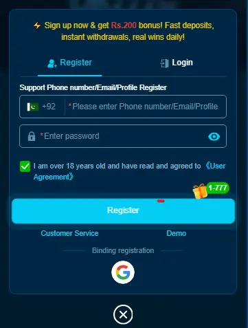 QK777 Game registration page showing a Rs.200 sign-up bonus offer and login form for players in Pakistan.
