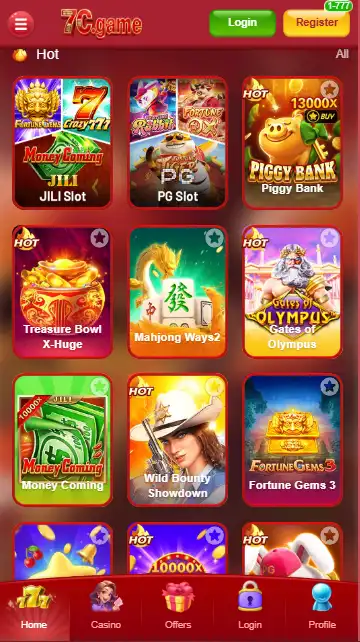 7C Game mobile app dashboard showing popular slots like Gates of Olympus, Mahjong Ways 2, and JILI slot games.