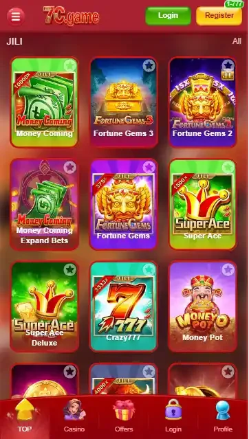 7C Game JILI slot games gallery featuring Money Coming, Fortune Gems 3, and Super Ace on a mobile app interface.
