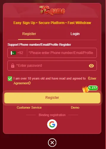 7C Game registration screen for Pakistani users showing phone number sign up with +92 country code and Google login option.