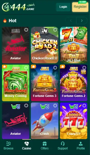 C444 Game app interface showing popular earning games including Aviator by Spribe, Chicken Road 2, Fortune Gems 3, and Crazy 777 in Pakistan.