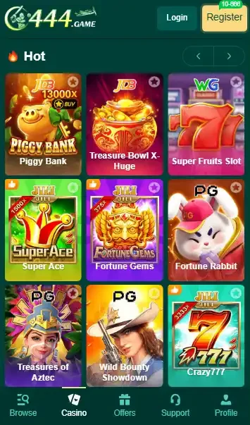 C444 Game app dashboard showing the "Hot" games lobby with Super Ace, Fortune Gems, Piggy Bank, and Fortune Rabbit slots available in Pakistan.