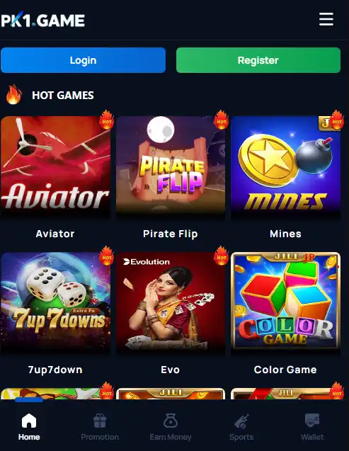 Dashboard of PK1 Game app showcasing popular hot games like Aviator, Pirate Flip, Mines, 7up7downs, and Evolution gaming.