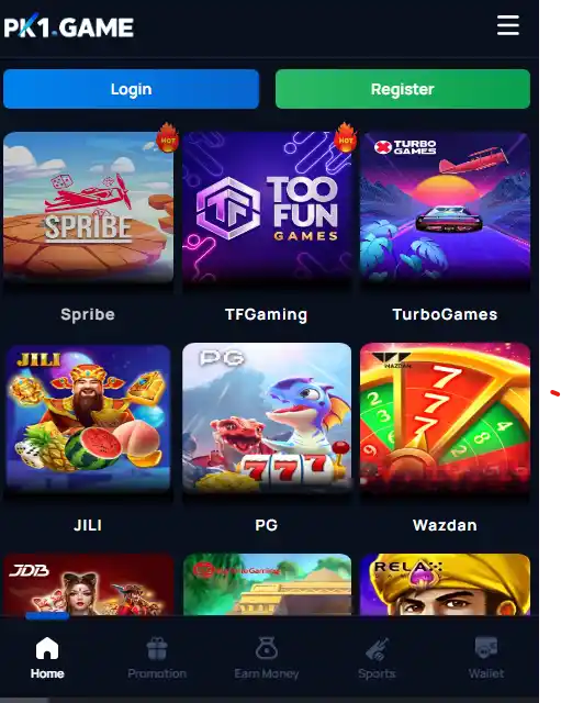 Dashboard of the PK1 Game platform showing various gaming providers including Spribe, JILI, and Wazdan.
