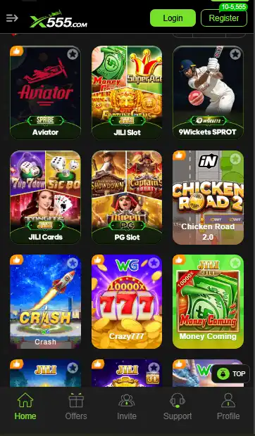 Dashboard of the X555 game app showcasing a variety of games including Aviator by Spribe, JILI Slots, 9Wickets, and Crash with clear Login and Register buttons.