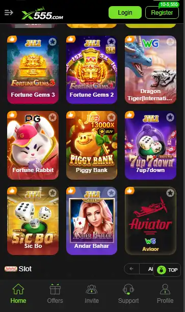 A mobile app interface showing the X555 game dashboard featuring popular titles like Fortune Gems, Aviator, and Andar Bahar with Login and Register options.