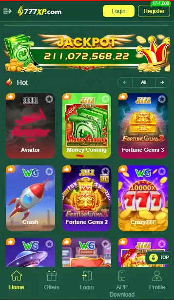 777XP Game app lobby showing a 200 million jackpot and popular games like Aviator, Money Coming, Fortune Gems, and Crazy 777.
